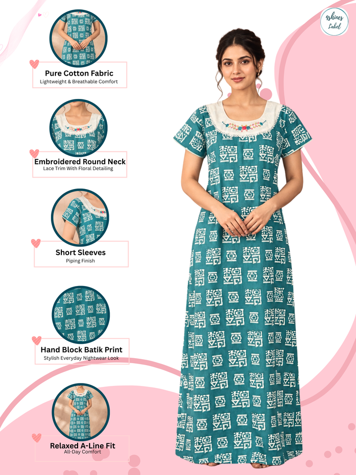 Pure Cotton Designer Nighty for Women with Pocket and Batik Print