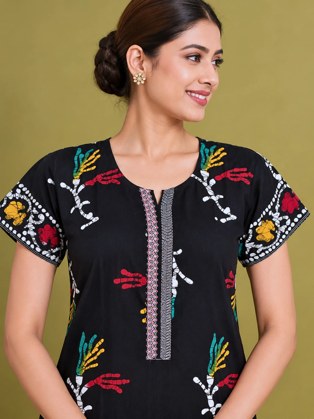 Black Flora Batik Print Pure Cotton Nighty for Women