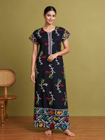 Black Flora Batik Print Pure Cotton Nighty for Women