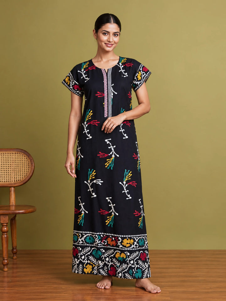Black Flora Batik Print Pure Cotton Nighty for Women