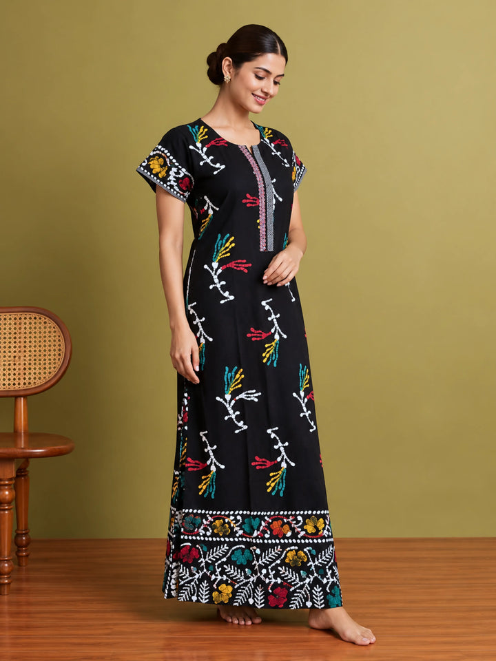 Black Flora Batik Print Pure Cotton Nighty for Women