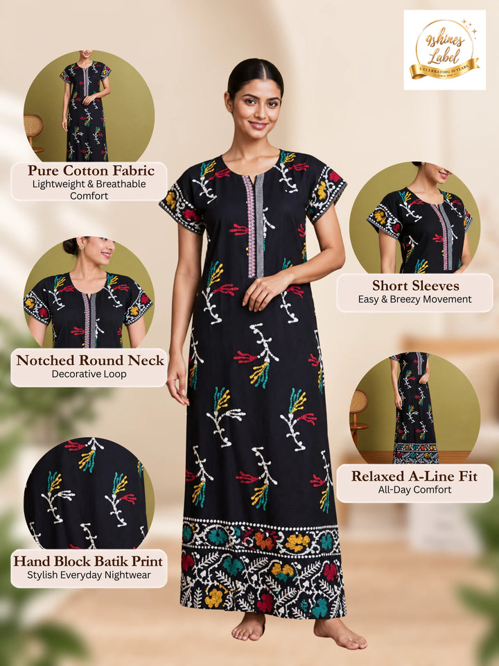 Black Flora Batik Print Pure Cotton Nighty for Women