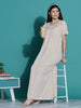 Beige Chikankari Cotton Nighty for Women with Embroidered Yoke