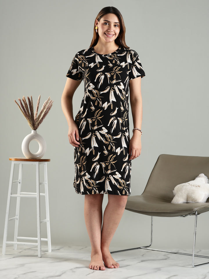 Beige Printed Short Cotton Night Dress for Women
