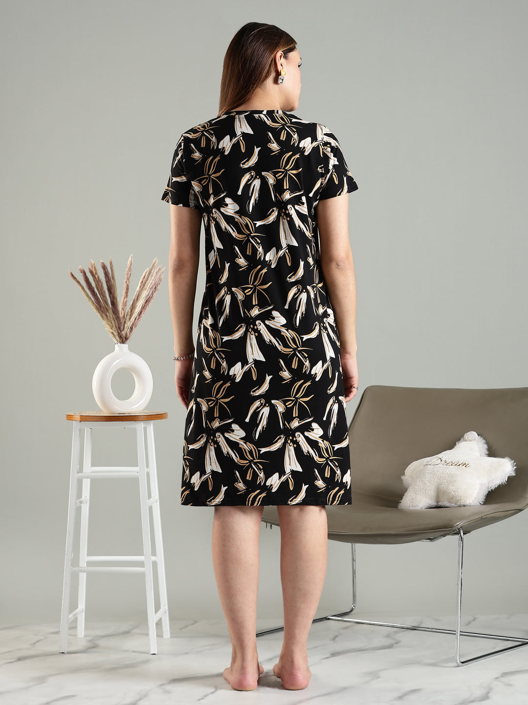 Beige Printed Short Cotton Night Dress for Women