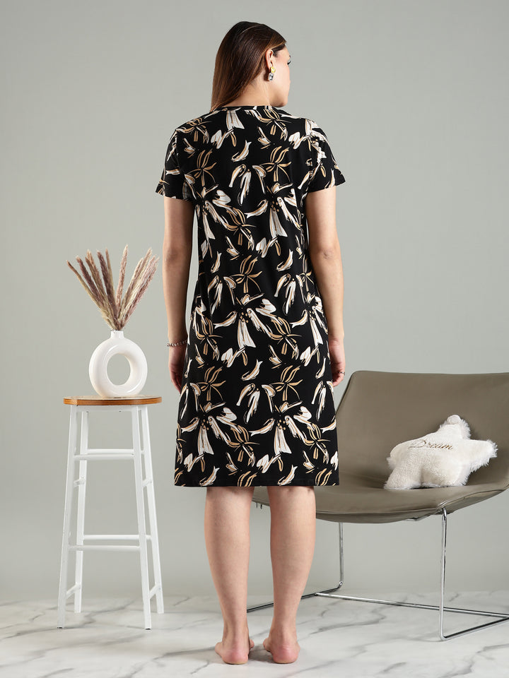 Beige Printed Short Cotton Night Dress for Women