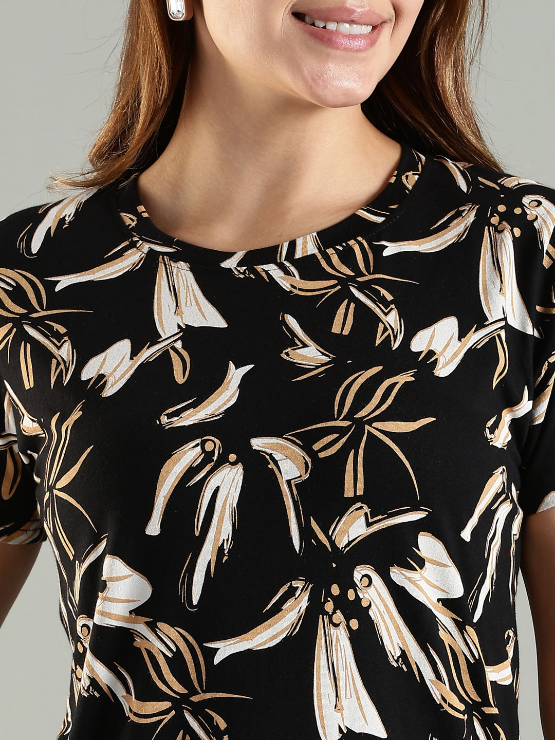 Beige Printed Short Cotton Night Dress for Women