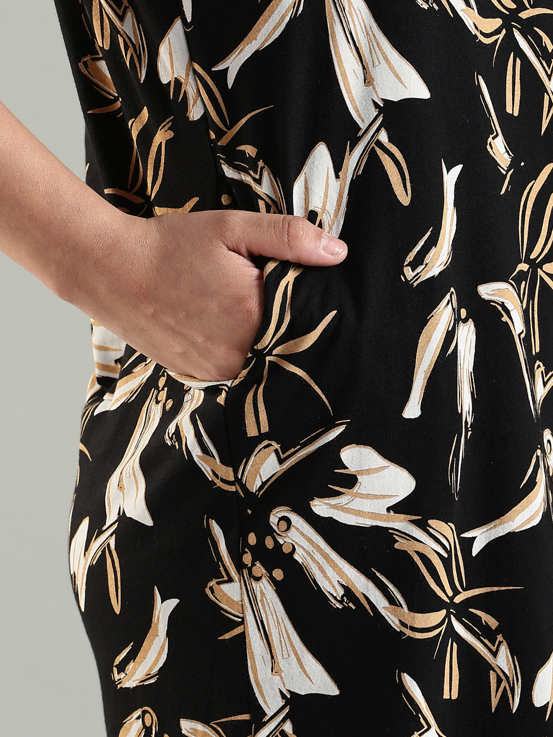 Beige Printed Short Cotton Night Dress for Women