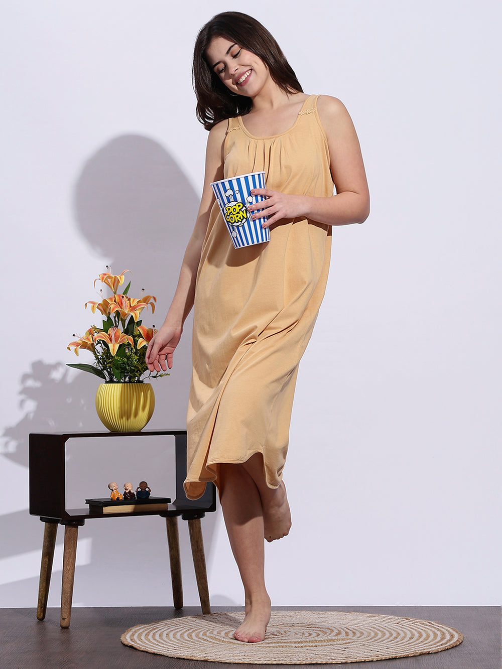 Beige A Line Hosiery Cotton Slip Sleeveless Nighty for Women