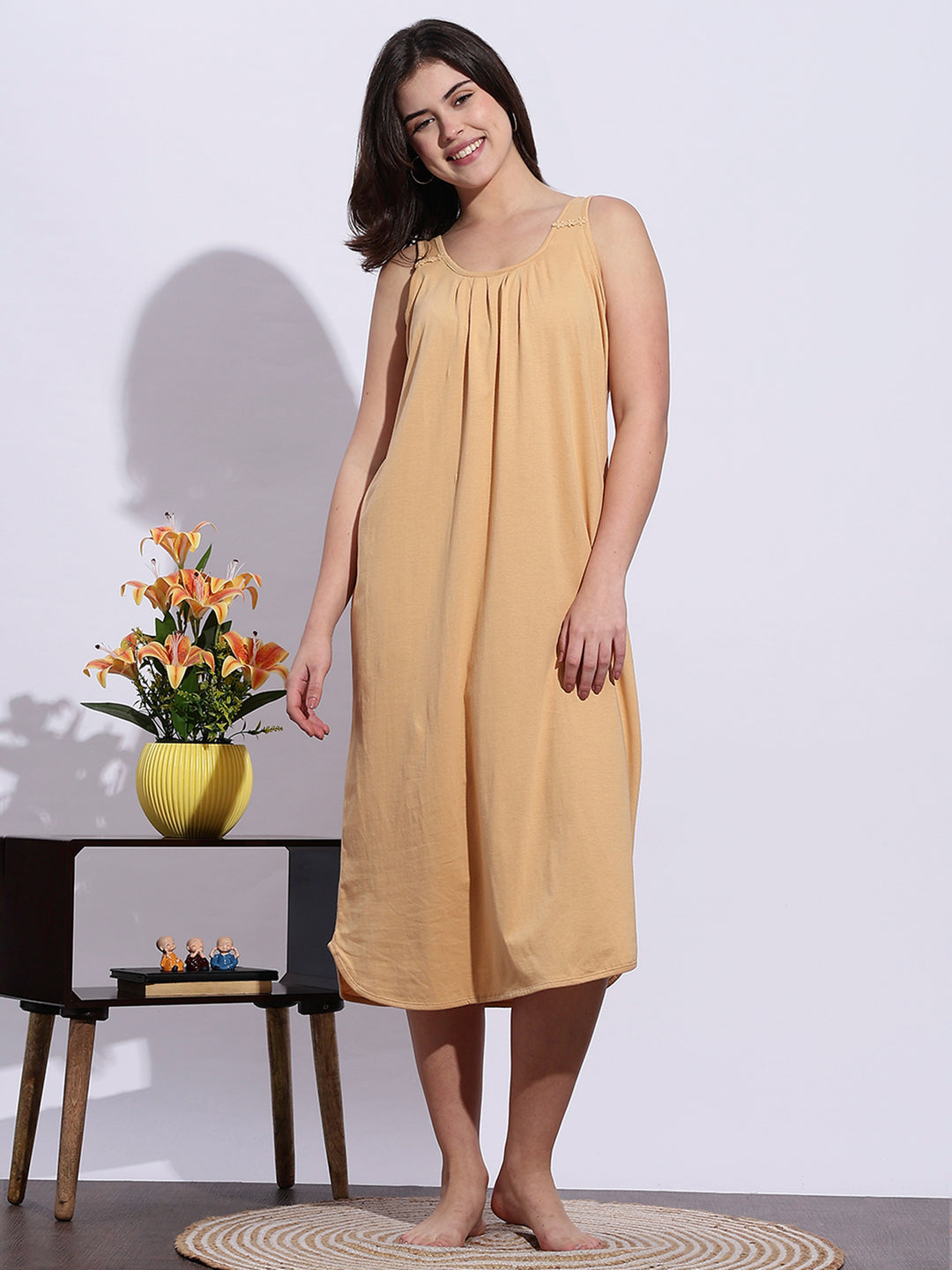 Beige A Line Hosiery Cotton Slip Sleeveless Nighty for Women