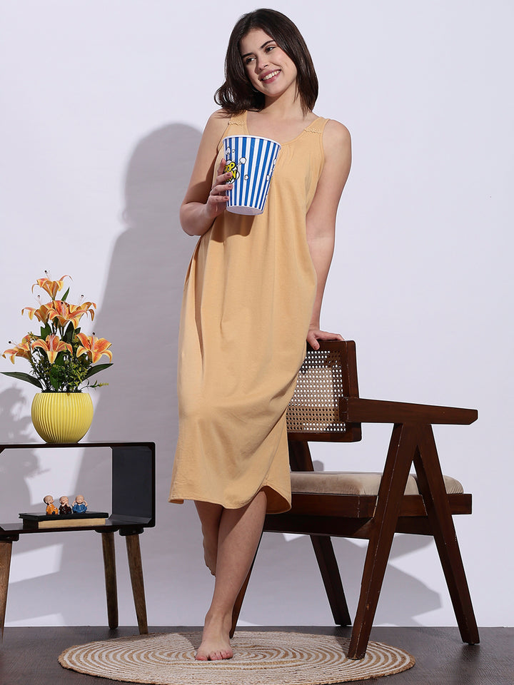 Beige A Line Hosiery Cotton Slip Sleeveless Nighty for Women