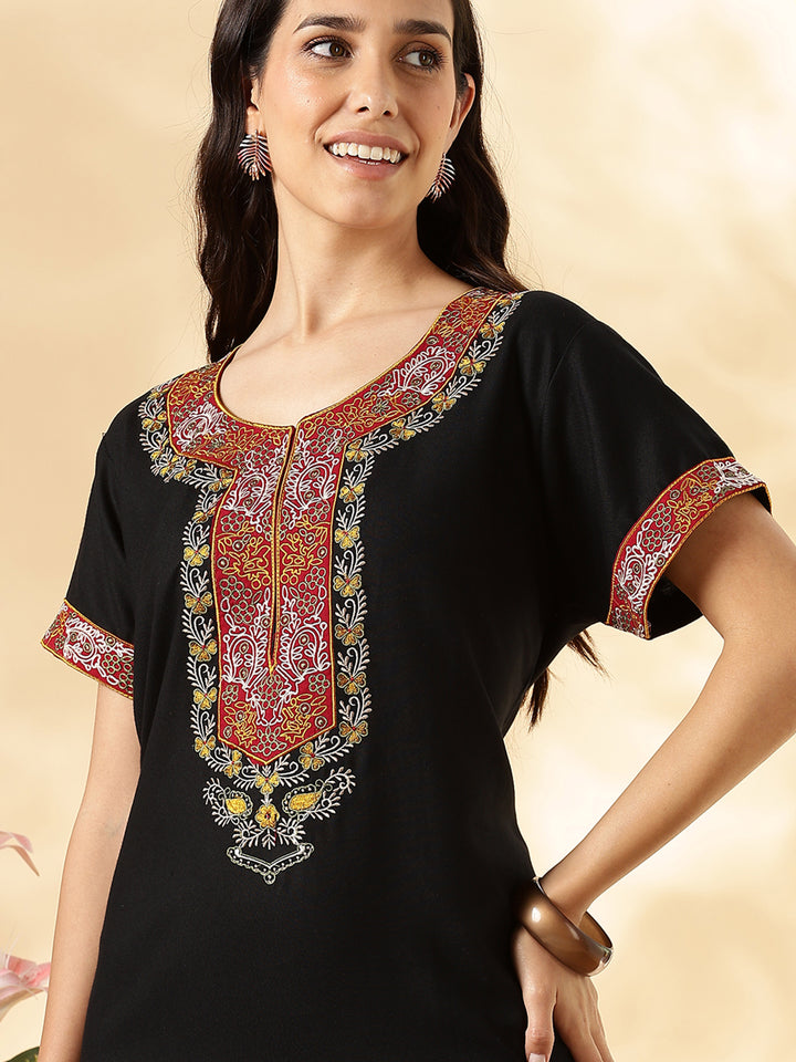Black Embroidered Alpine Stylish Nighty for Women