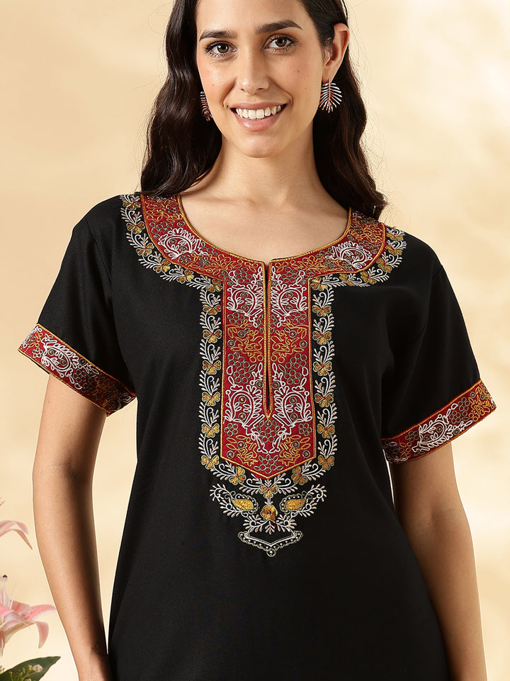 Black Embroidered Alpine Stylish Nighty for Women