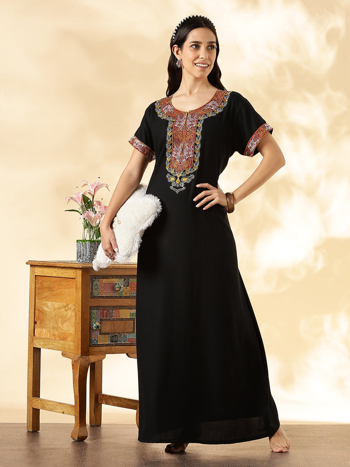 Black Embroidered Alpine Stylish Nighty for Women