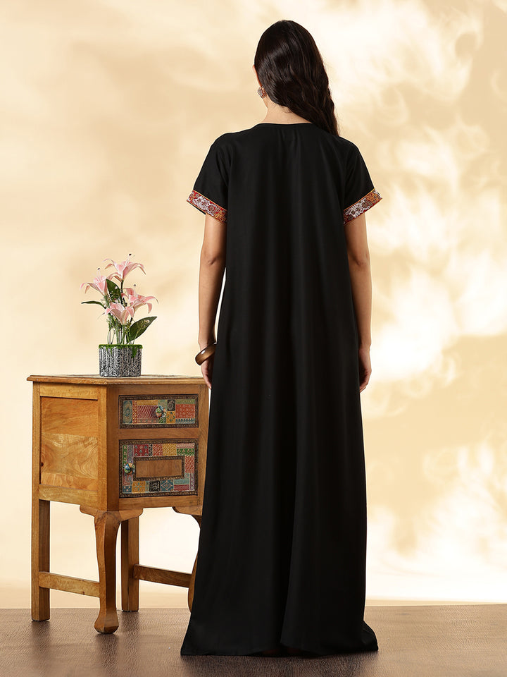 Black Embroidered Alpine Stylish Nighty for Women