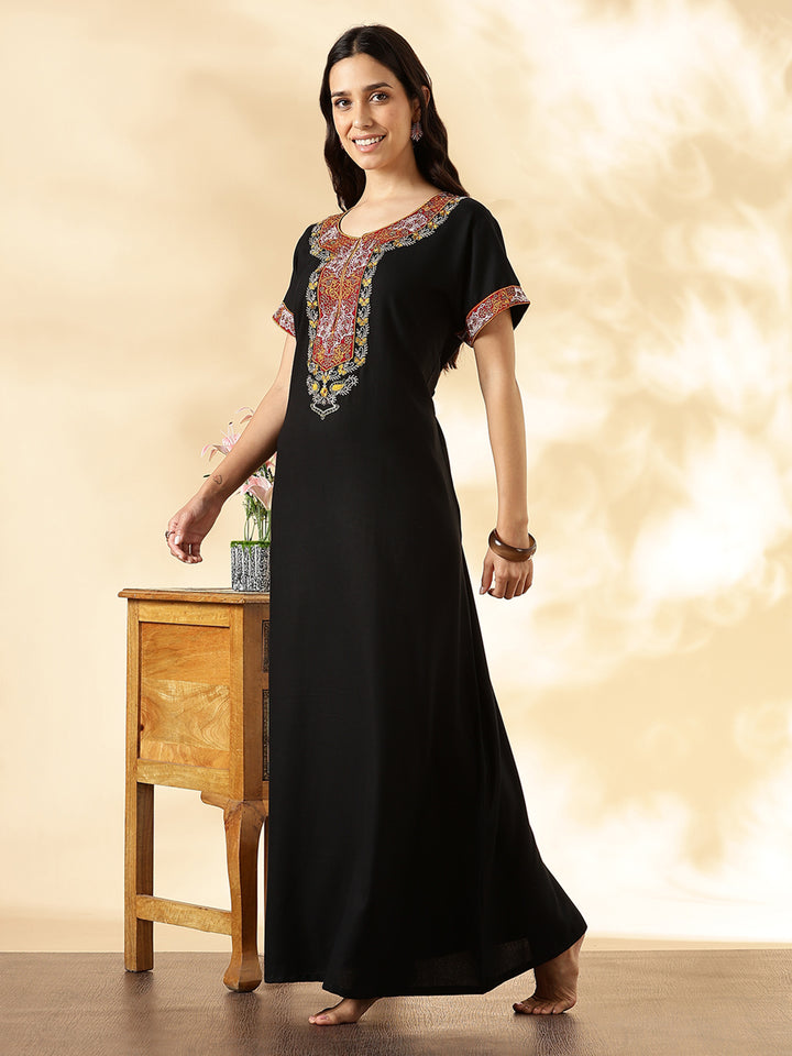 Black Embroidered Alpine Stylish Nighty for Women