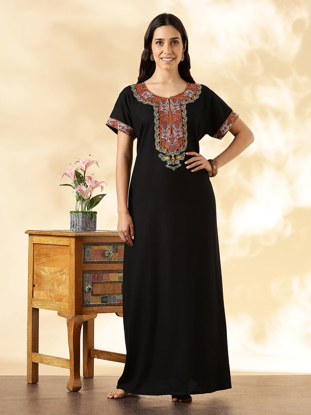 Black Embroidered Alpine Stylish Nighty for Women