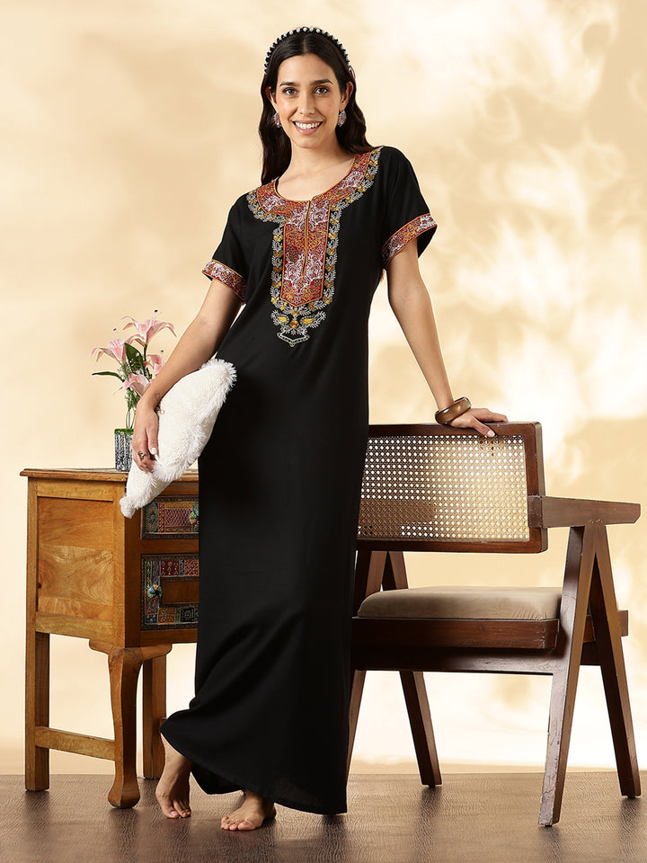 Black Embroidered Alpine Stylish Nighty for Women