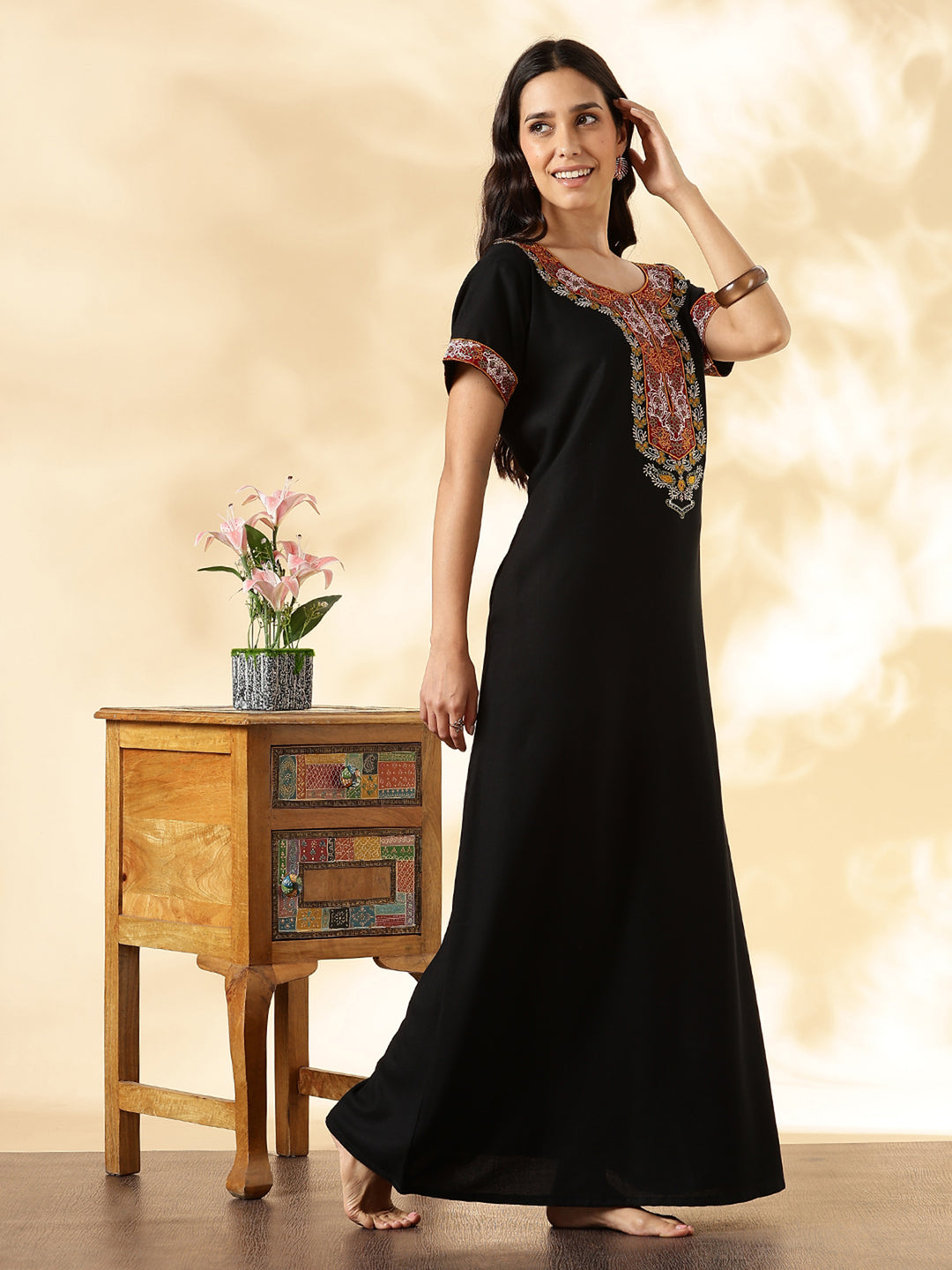 Black Embroidered Alpine Stylish Nighty for Women