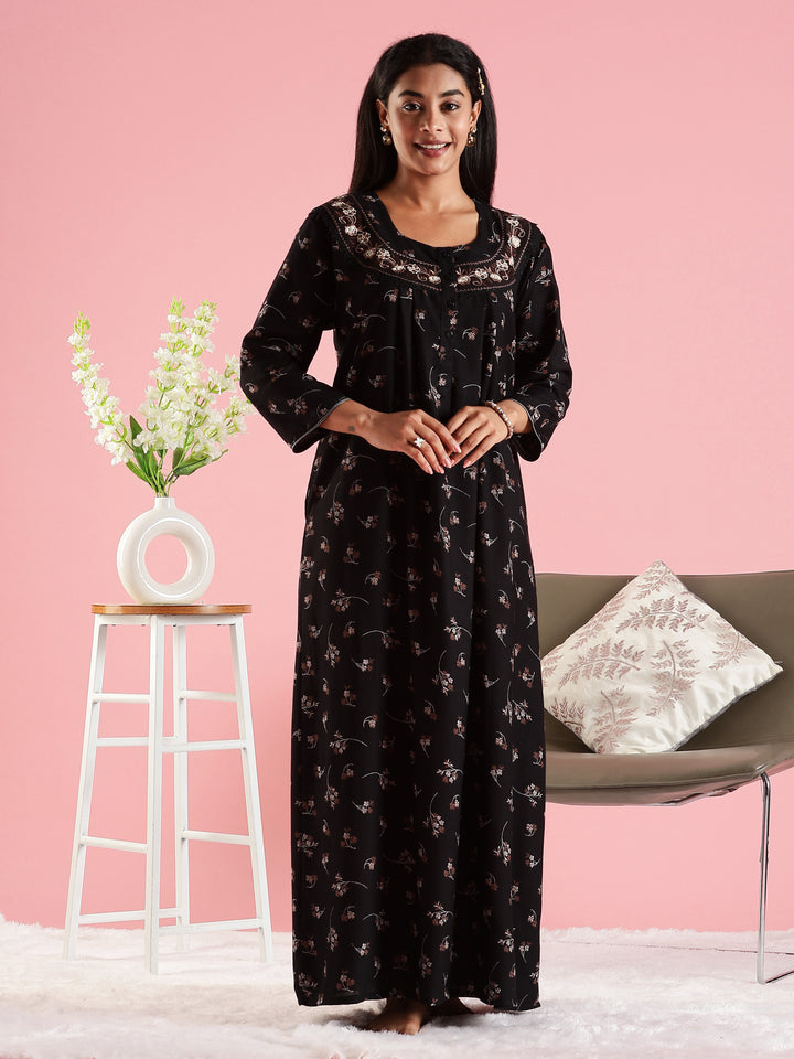 Black Floral Embroidered Front Open Nighty with Pocket