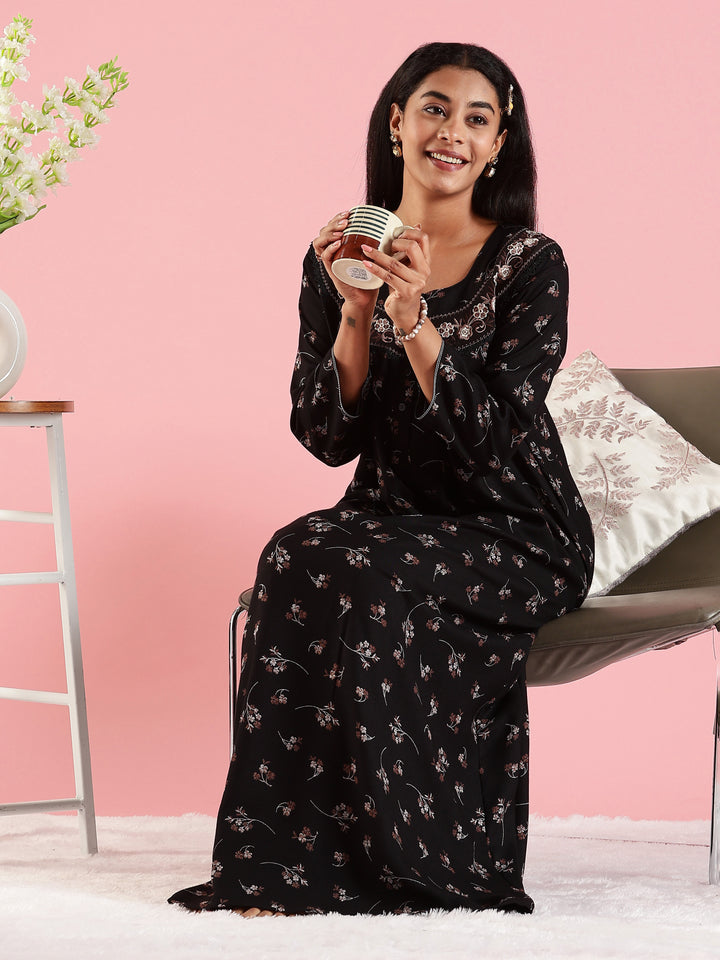 Black Floral Embroidered Front Open Nighty with Pocket