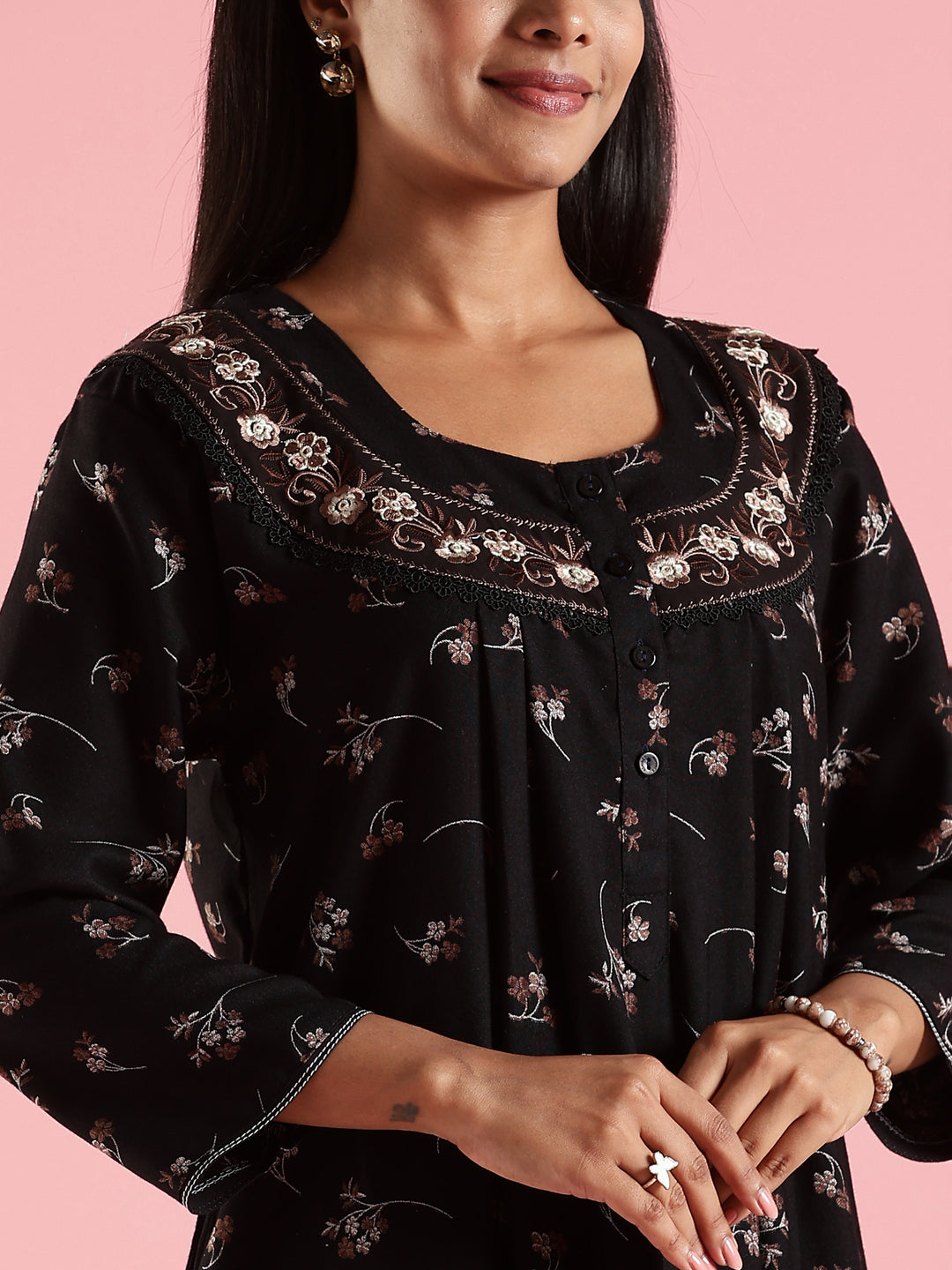 Black Floral Embroidered Front Open Nighty with Pocket