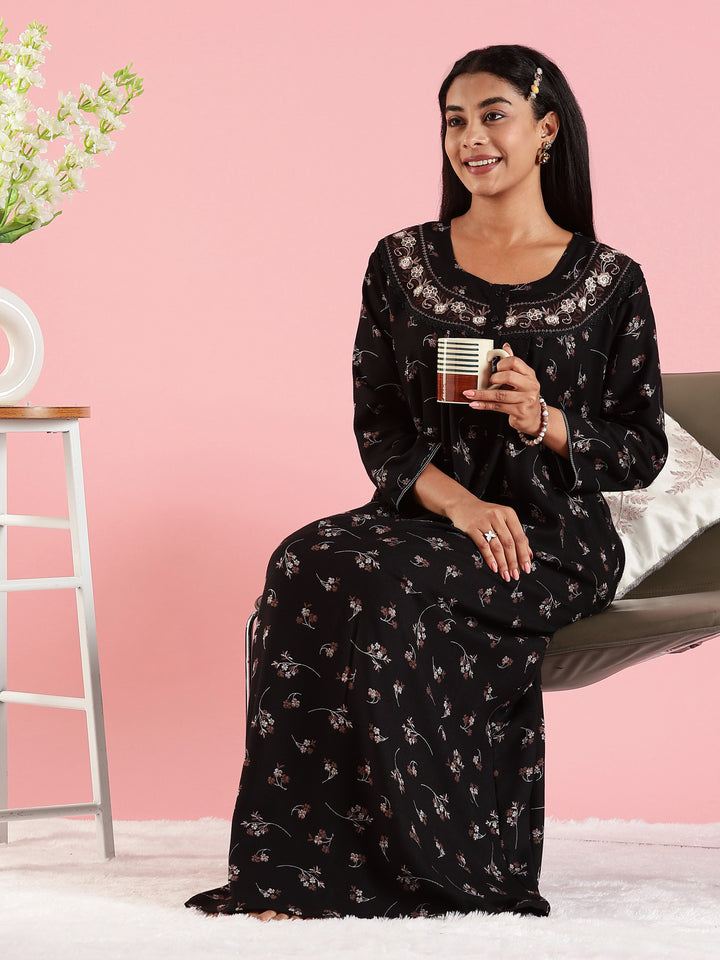 Black Floral Embroidered Front Open Nighty with Pocket