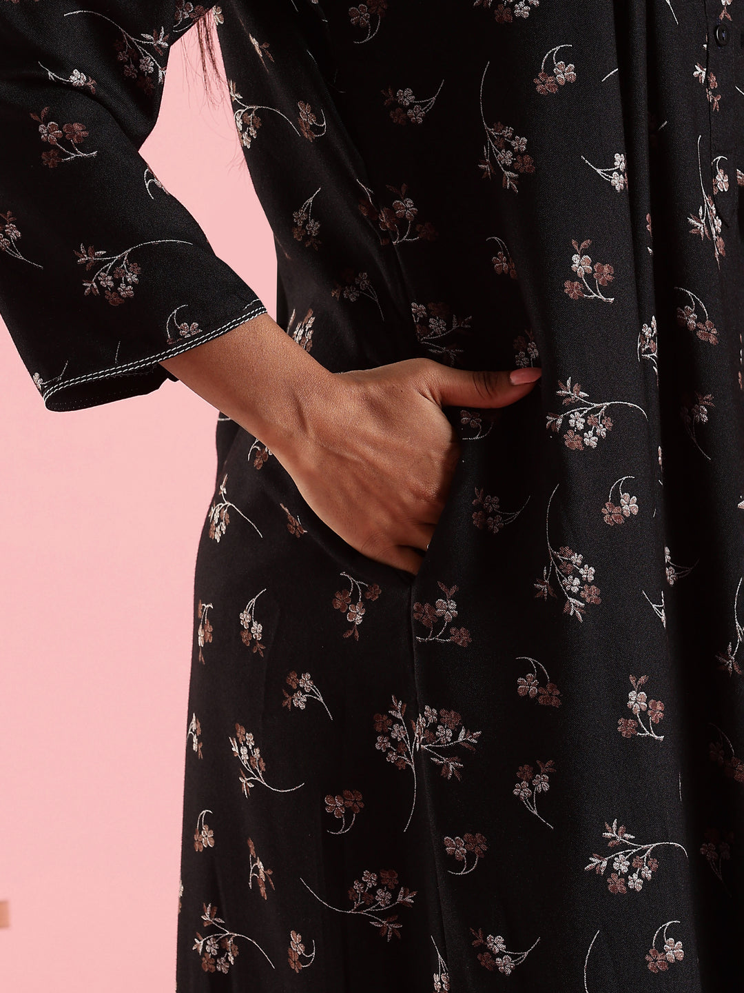 Black Floral Embroidered Front Open Nighty with Pocket