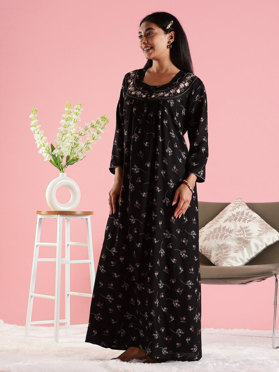 Black Floral Embroidered Front Open Nighty with Pocket