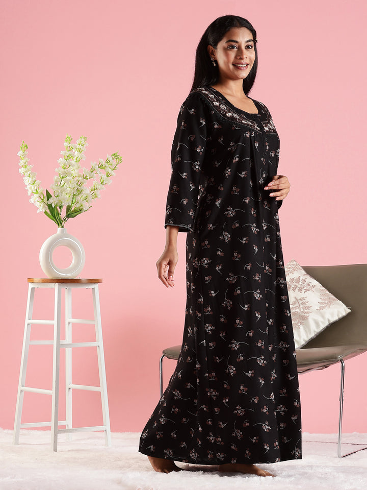 Black Floral Embroidered Front Open Nighty with Pocket