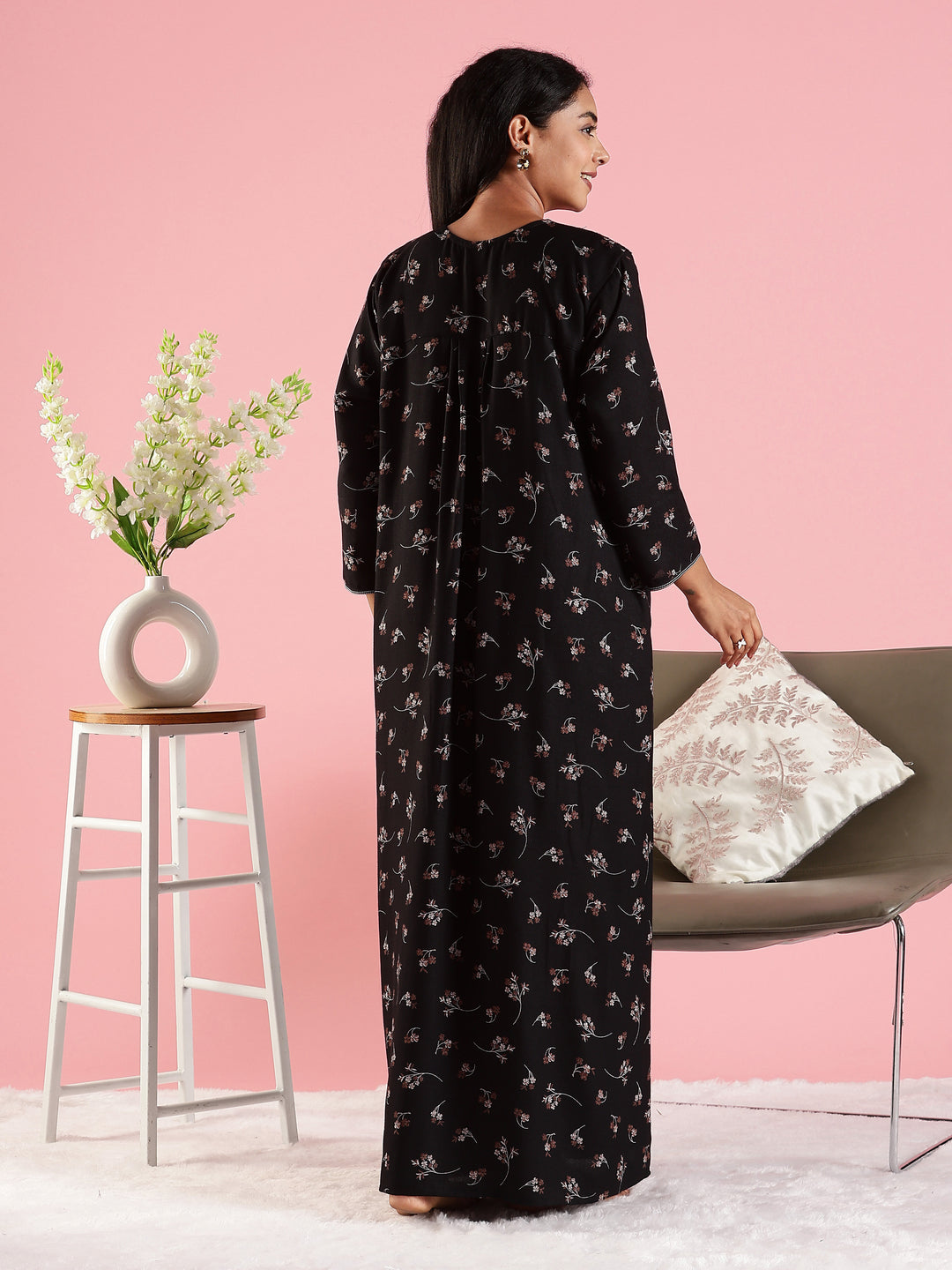 Black Floral Embroidered Front Open Nighty with Pocket