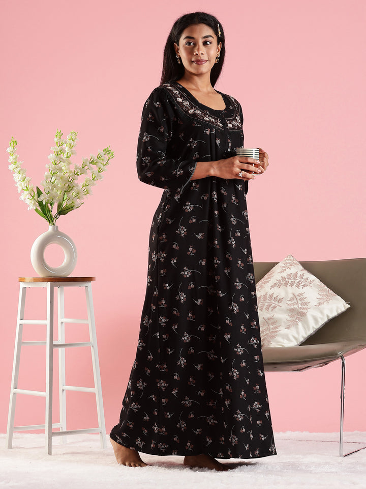 Black Floral Embroidered Front Open Nighty with Pocket
