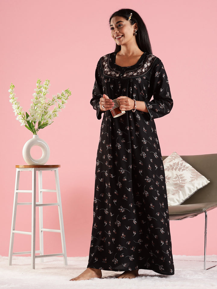 Black Floral Embroidered Front Open Nighty with Pocket