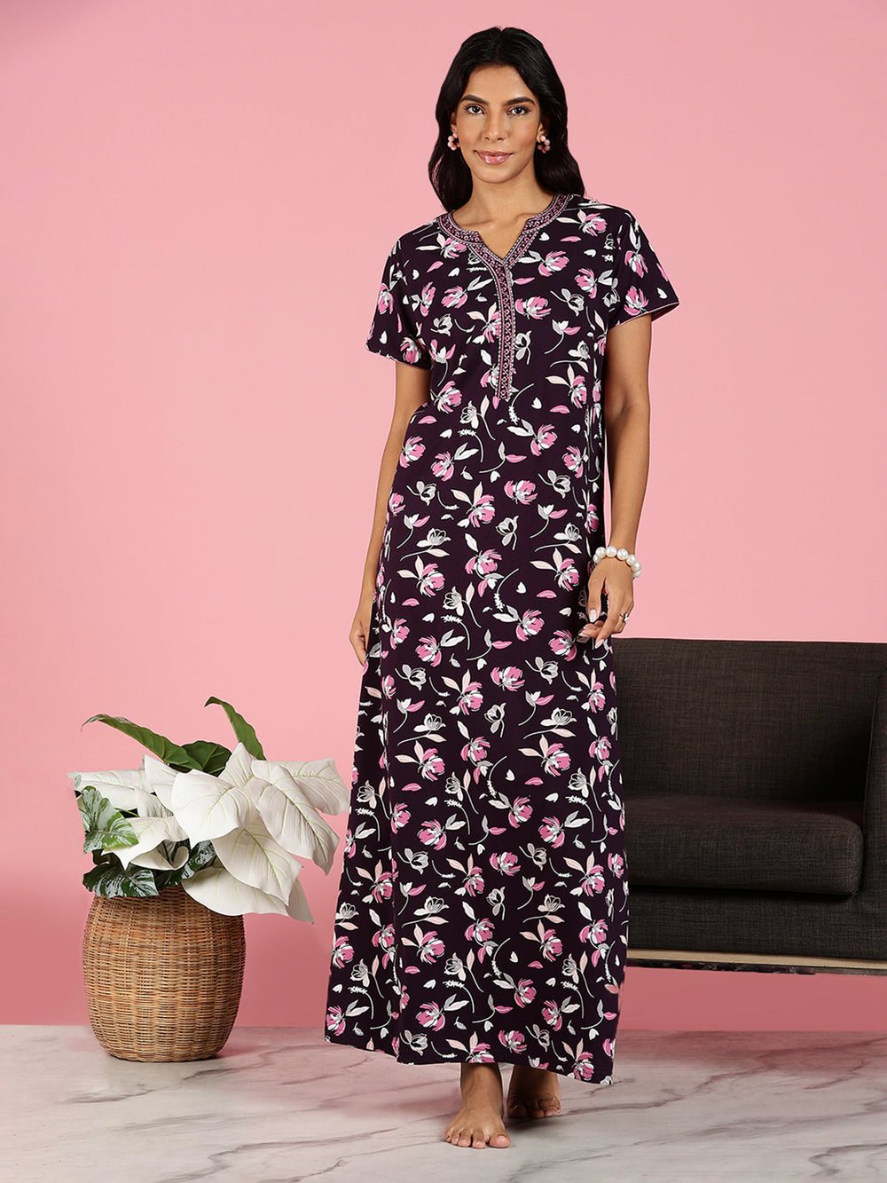 Black Floral Hosiery Cotton Nightgown For Women