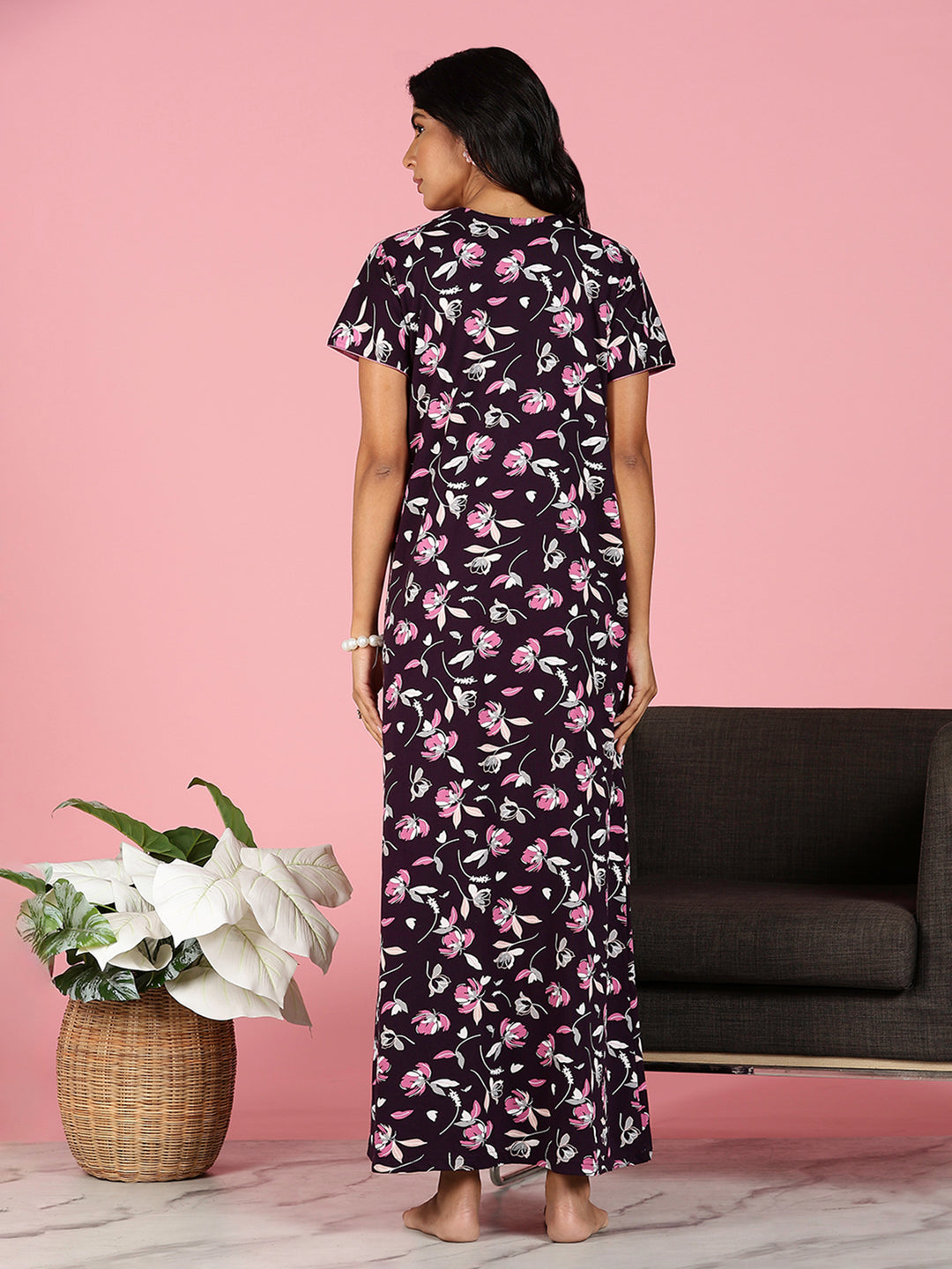 Black Floral Hosiery Cotton Nightgown For Women