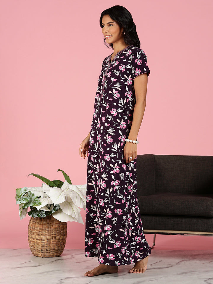 Black Floral Hosiery Cotton Nightgown For Women