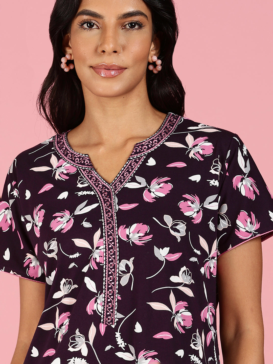 Black Floral Hosiery Cotton Nightgown For Women