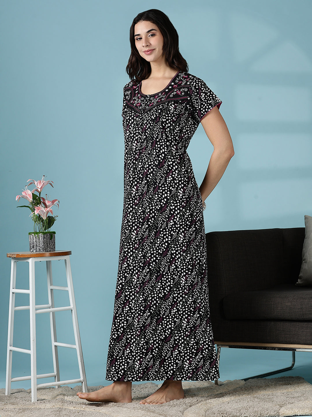 Black Hosiery Cotton Ladies Nighty Dress for Women