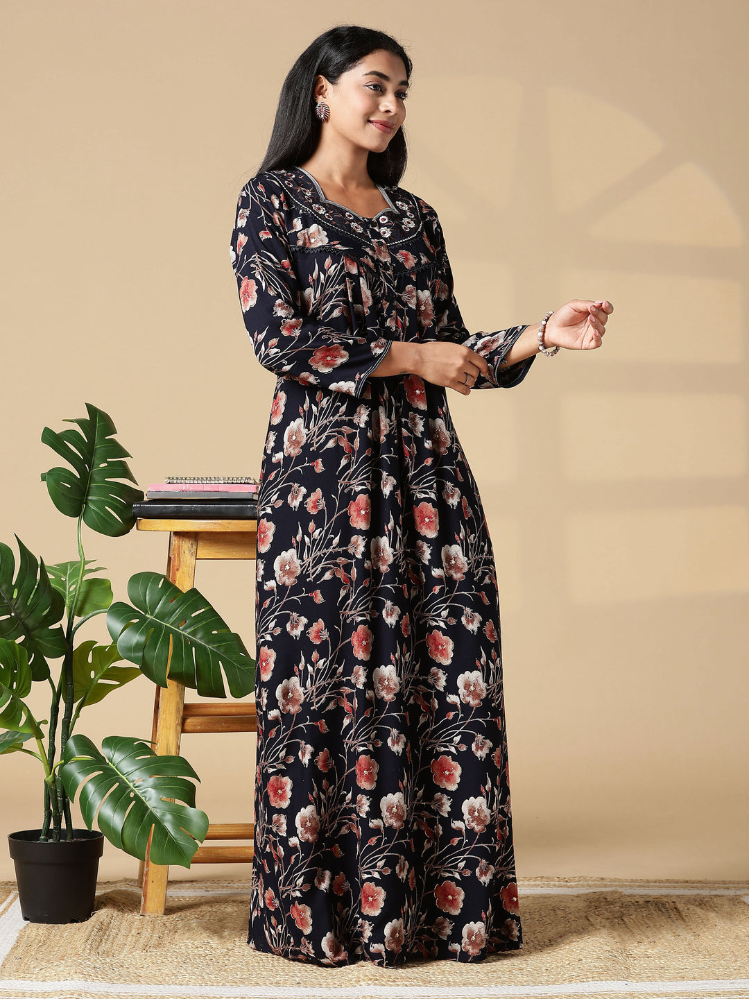 Buy Autumn Black Floral Embroidered Ladies Nighty Dress 9shines label Buy Autumn Black Floral Embroidered Ladies Nighty Dress 9shines label