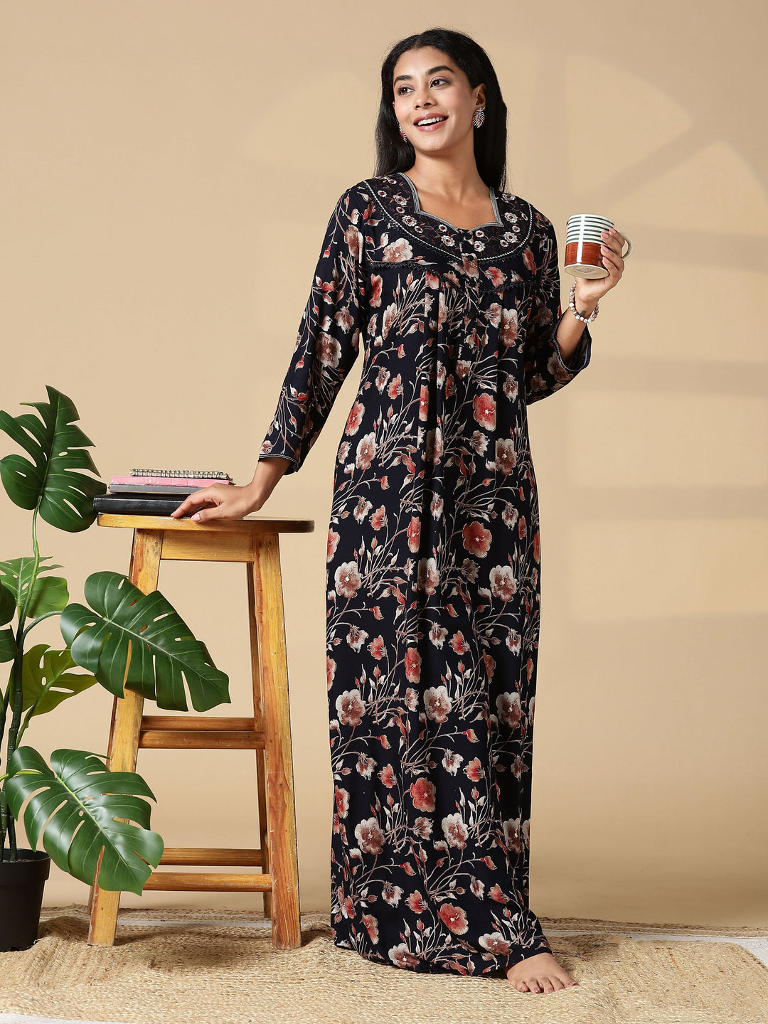 Autumn Black Floral Embroidered Ladies Nighty Dress