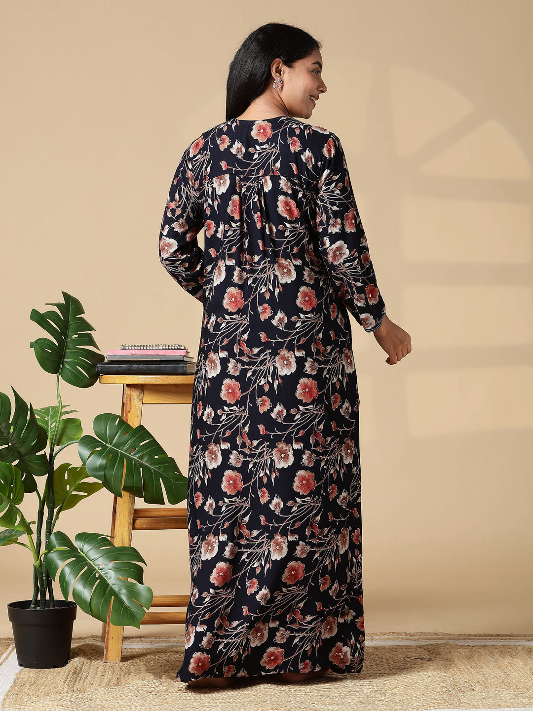 Autumn Black Floral Embroidered Ladies Nighty Dress