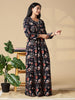 Autumn Black Floral Rayon Nighty for Women with Embroidered Yoke