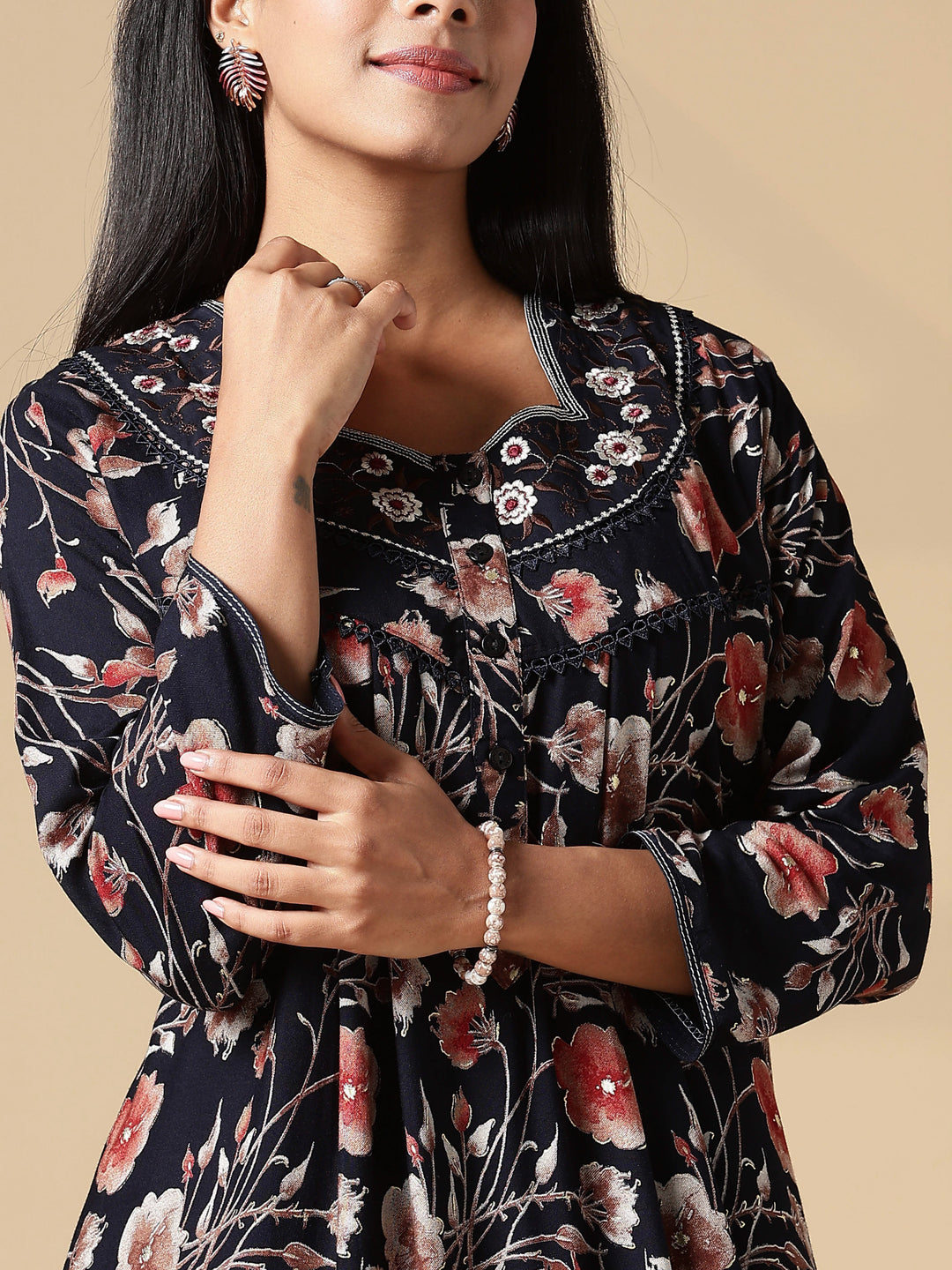 Autumn Black Floral Embroidered Ladies Nighty Dress