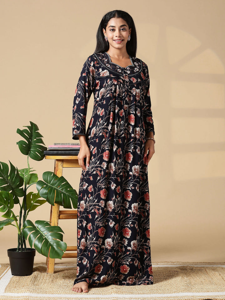 Autumn Black Floral Embroidered Ladies Nighty Dress