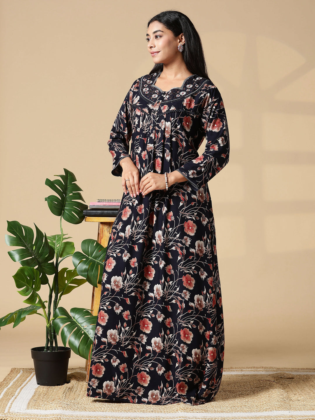Autumn Black Floral Embroidered Ladies Nighty Dress