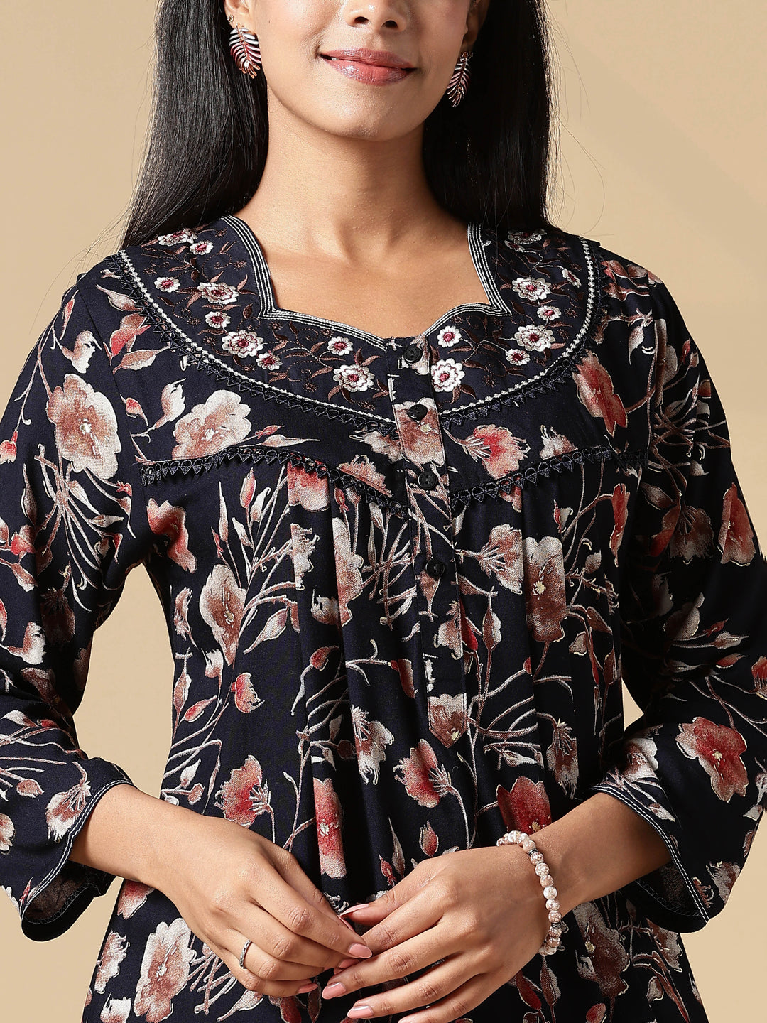 Autumn Black Floral Embroidered Ladies Nighty Dress