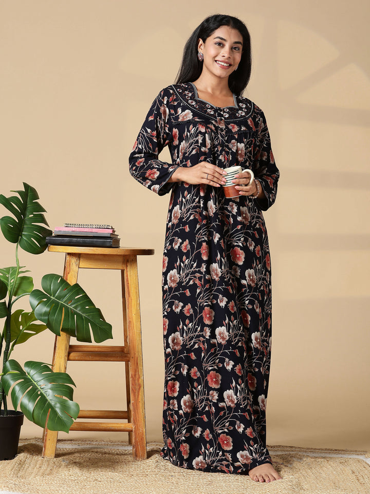 Autumn Black Floral Embroidered Ladies Nighty Dress