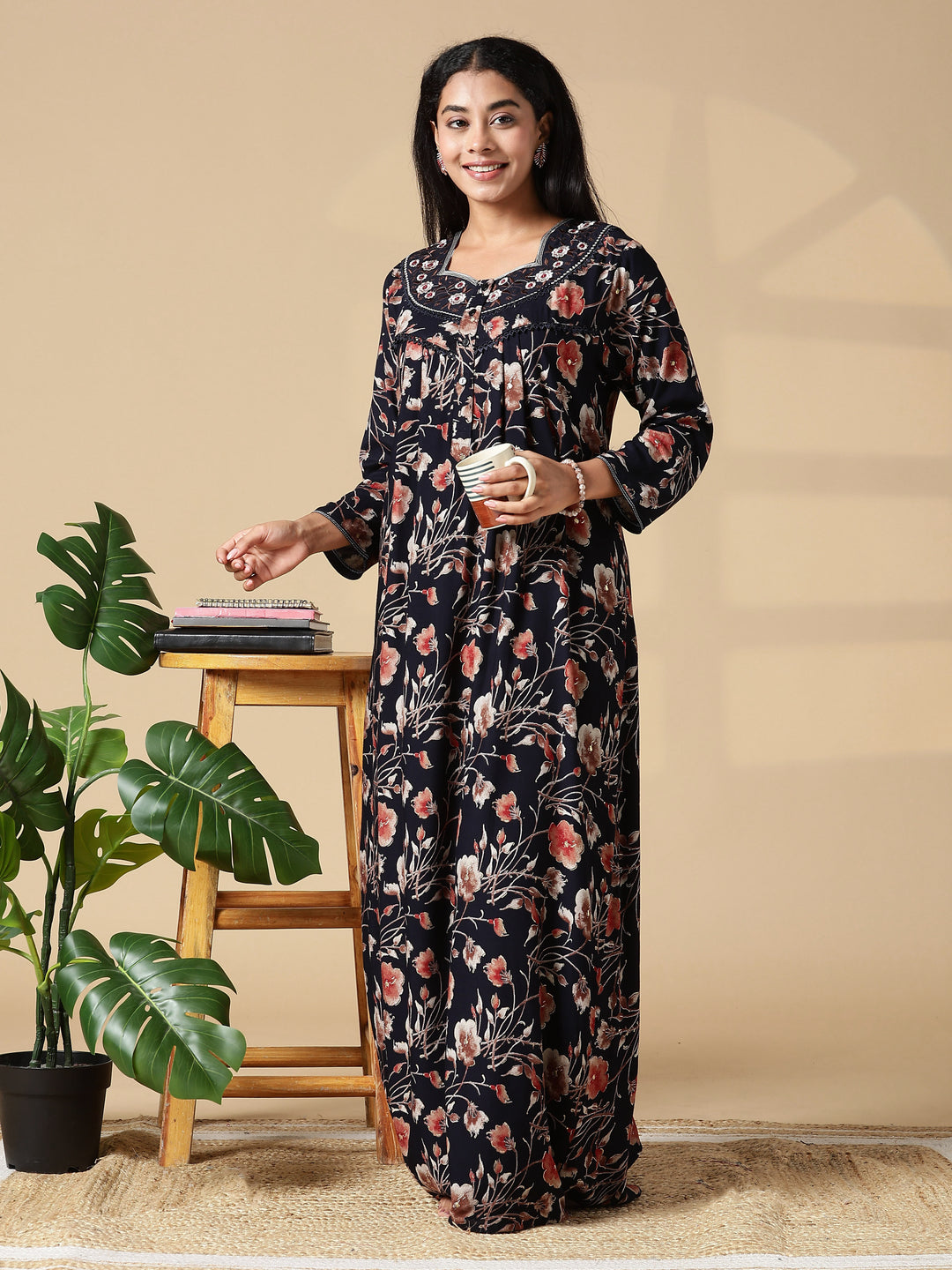 Autumn Black Floral Embroidered Ladies Nighty Dress
