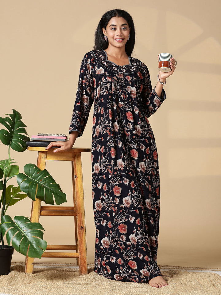 Autumn Black Floral Embroidered Ladies Nighty Dress