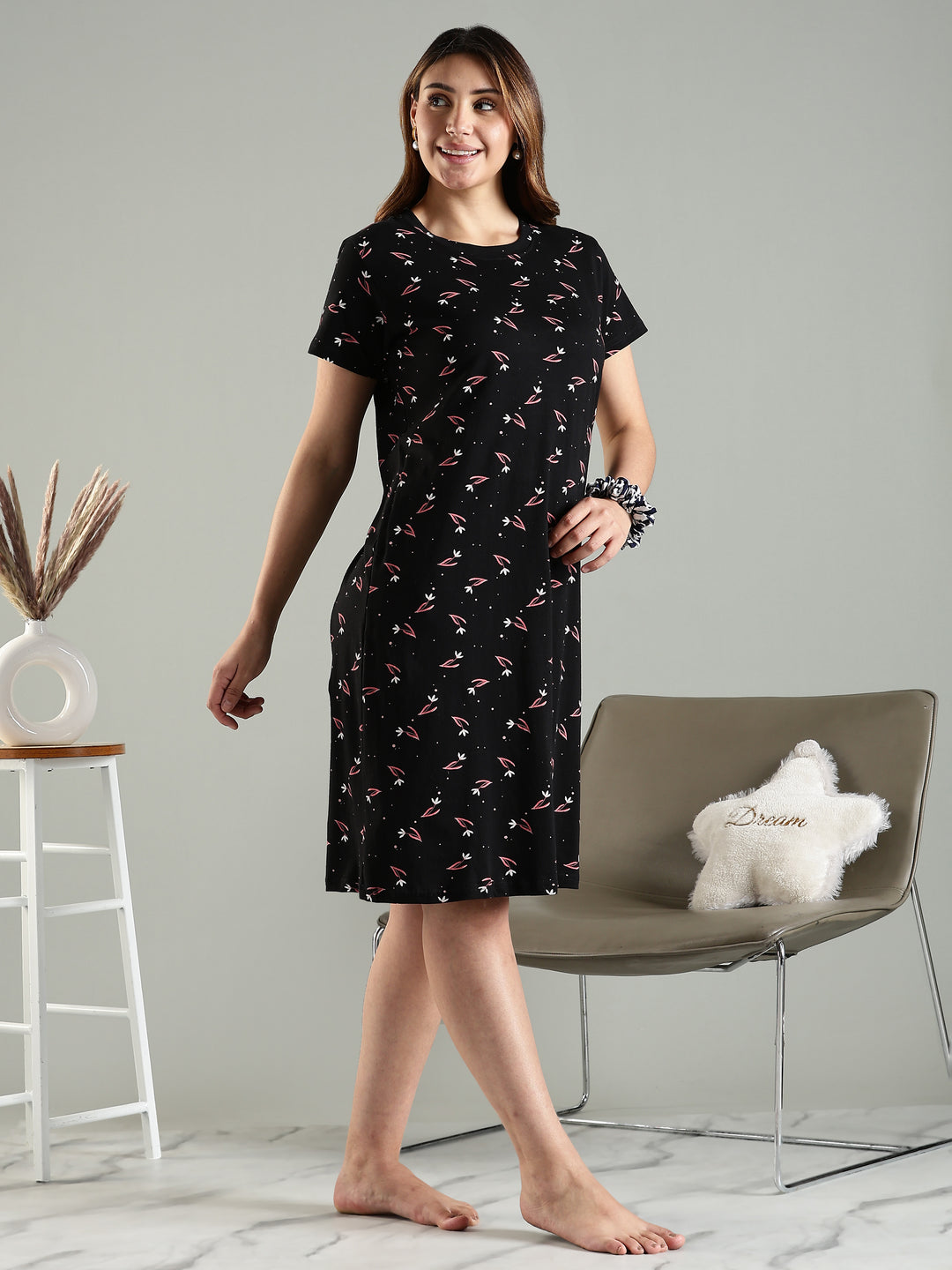 Classy Black Pink Floral Knee Length Night Dress with Pocket